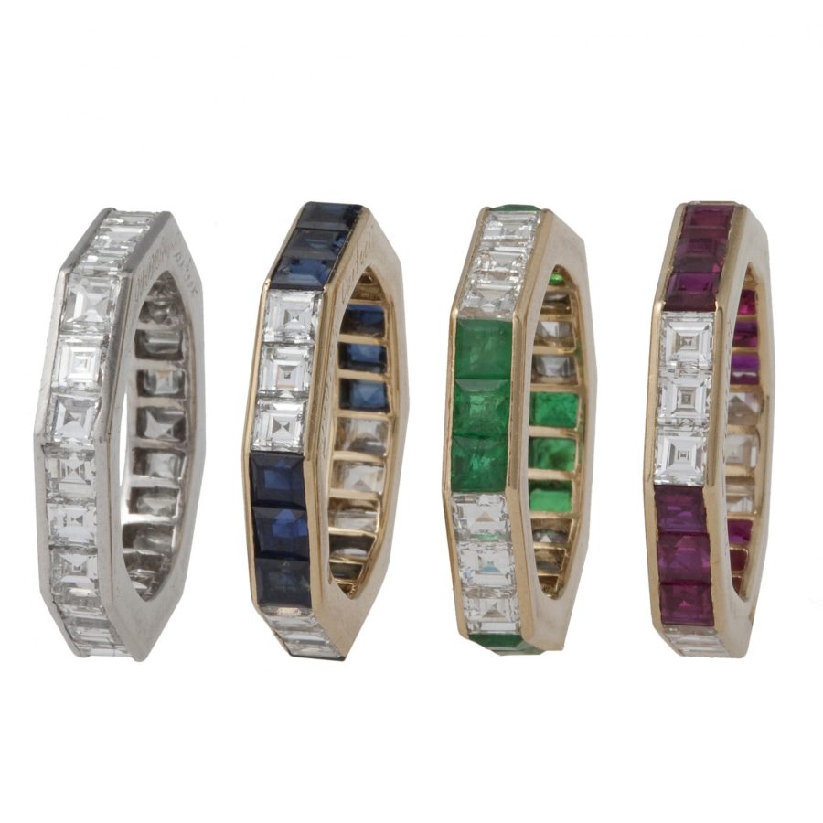 cartier set of four eternitiy rings ruby emerald sapphire diamond