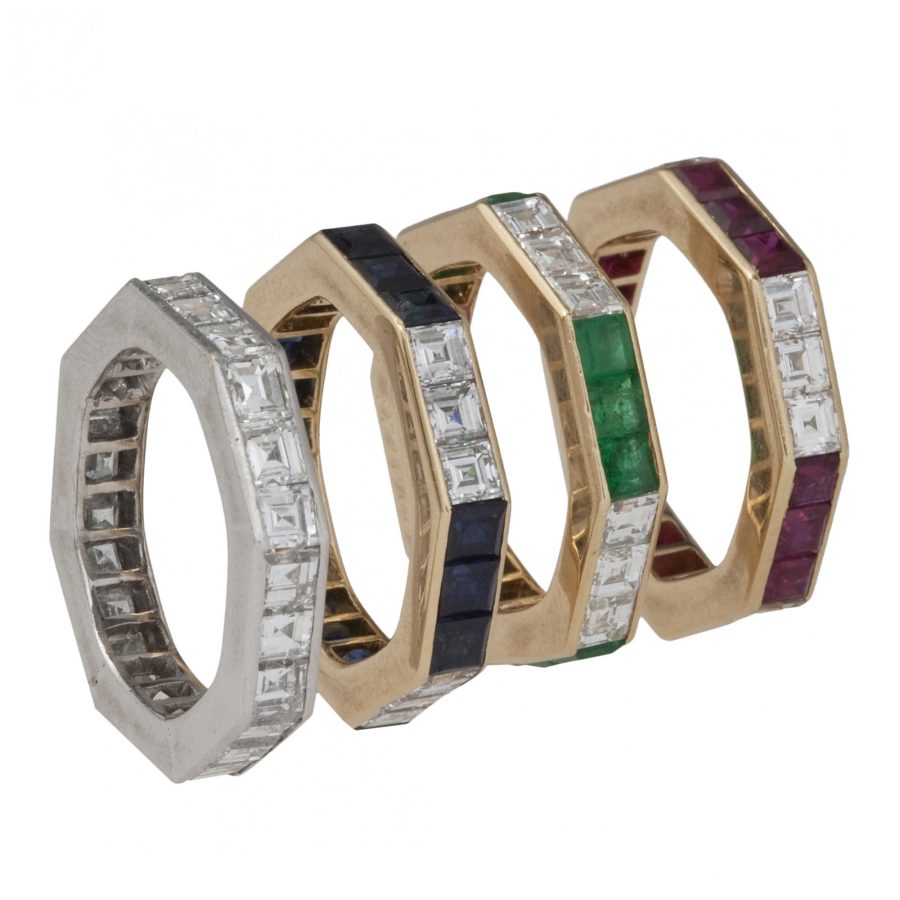 cartier set of four eternitiy rings ruby emerald sapphire diamond