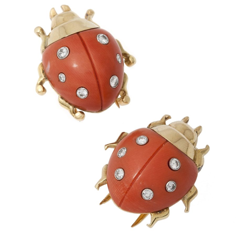 two cartier ladybird brooches coral