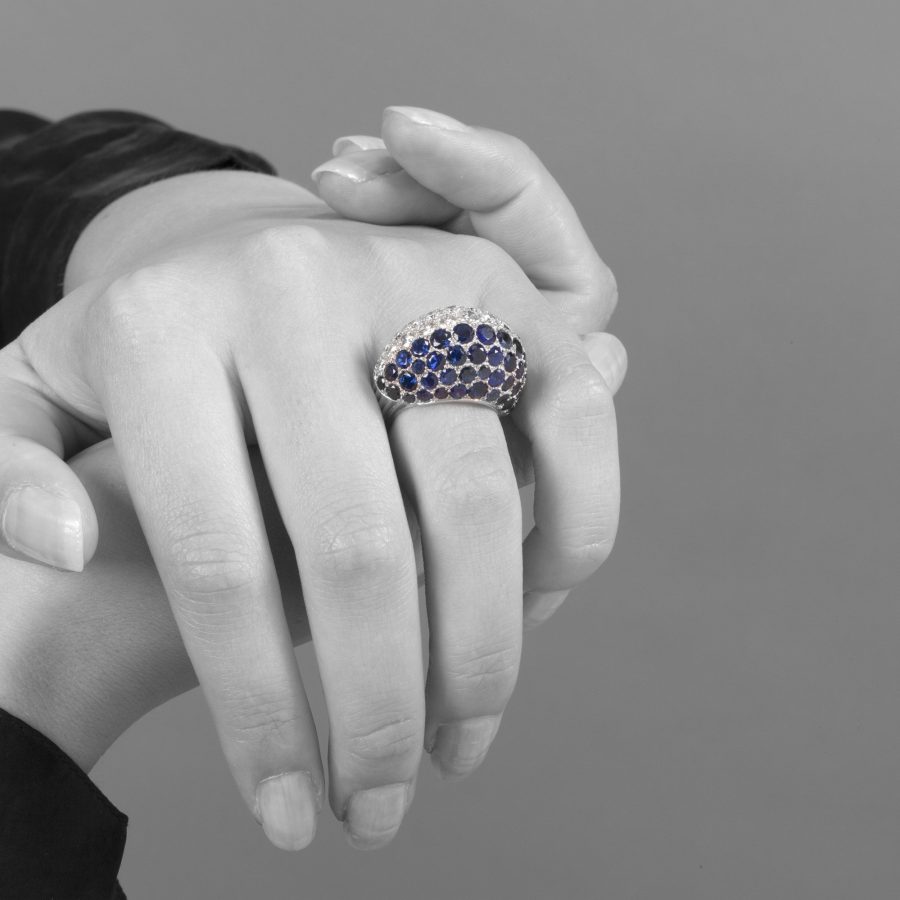 Cartier platinum bombé ring diamond blue sapphire