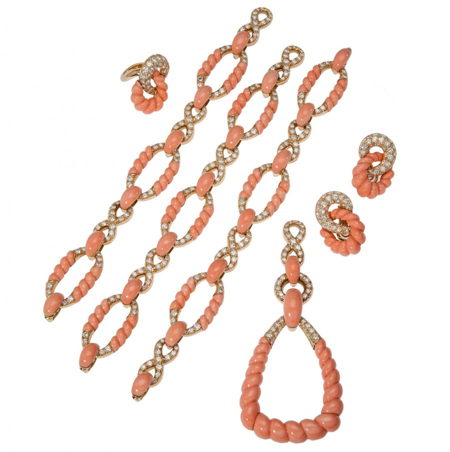pierre brun coral diamond set penant bracelets necklace 1970s