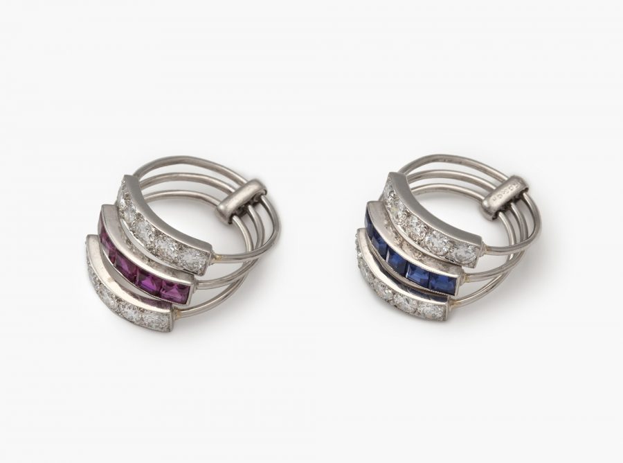 J.E. Caldwell two Art Deco rings diamond ruby sapphire