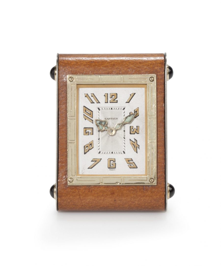 Cartier brown leather desk clock ca 1930