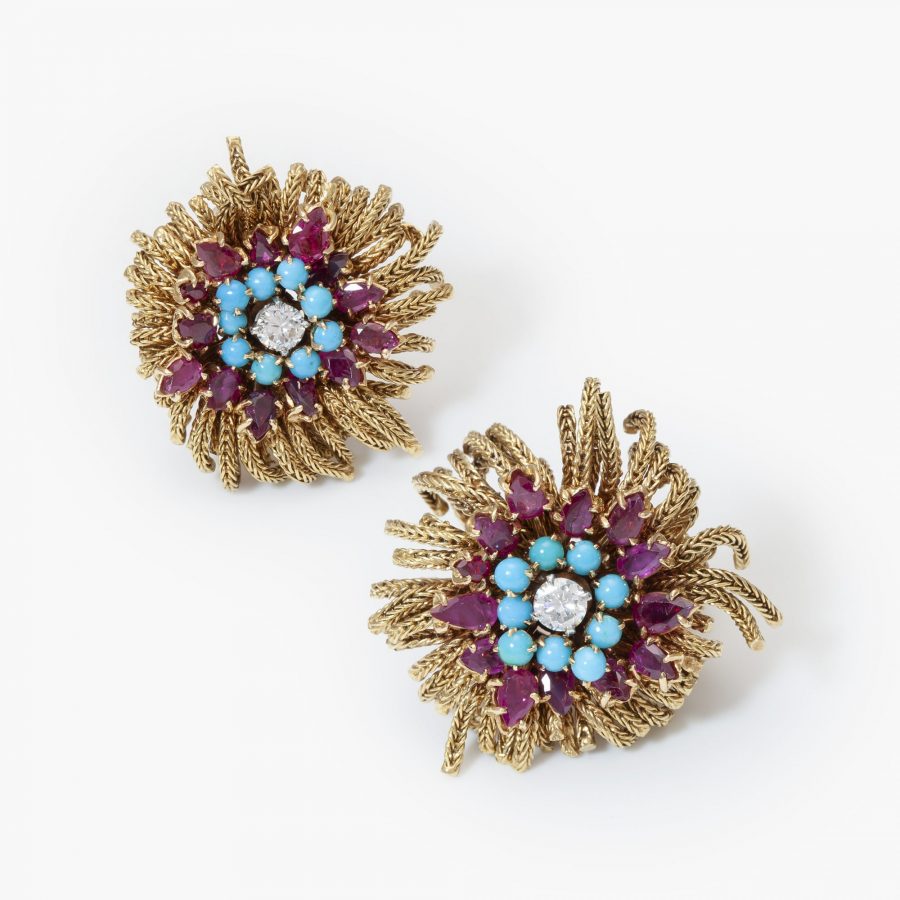 Marchak earrings diamond turquoise ruby 1950s