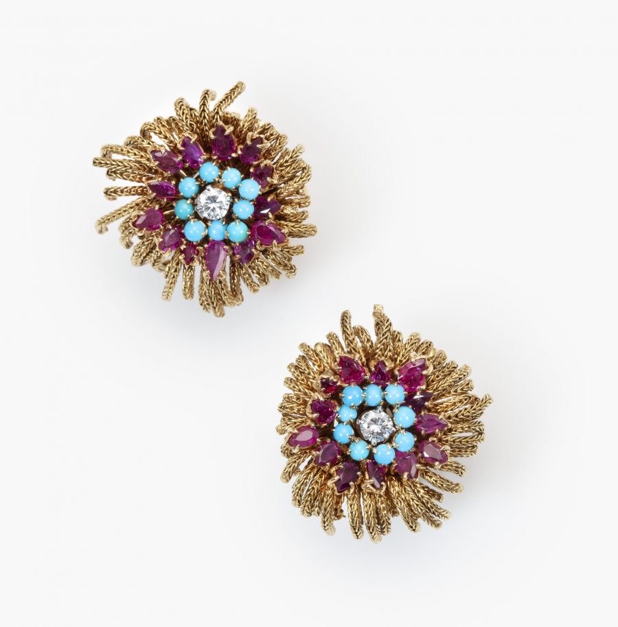 Marchak earrings diamond turquoise ruby 1950s