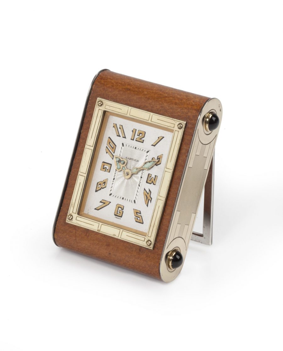 Cartier brown leather desk clock ca 1930