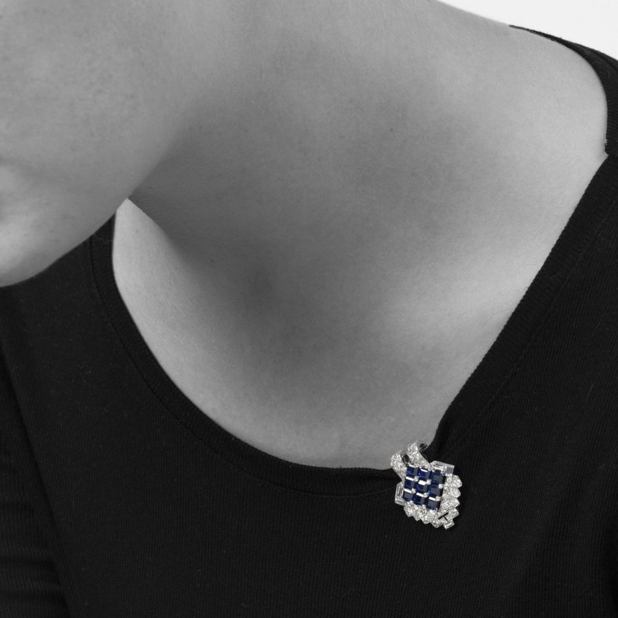 Cartier Art Deco dress clip diamond blue sapphire