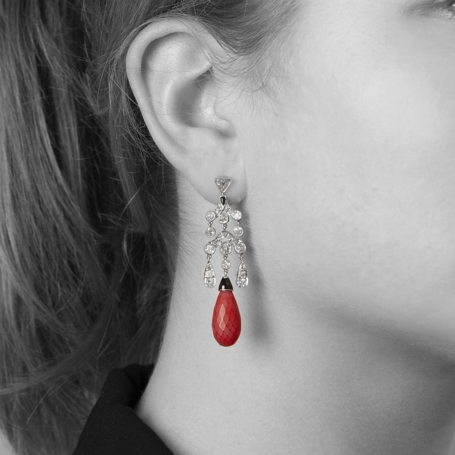 Coral, diamond and black enamel chandelier earrings ca 1950