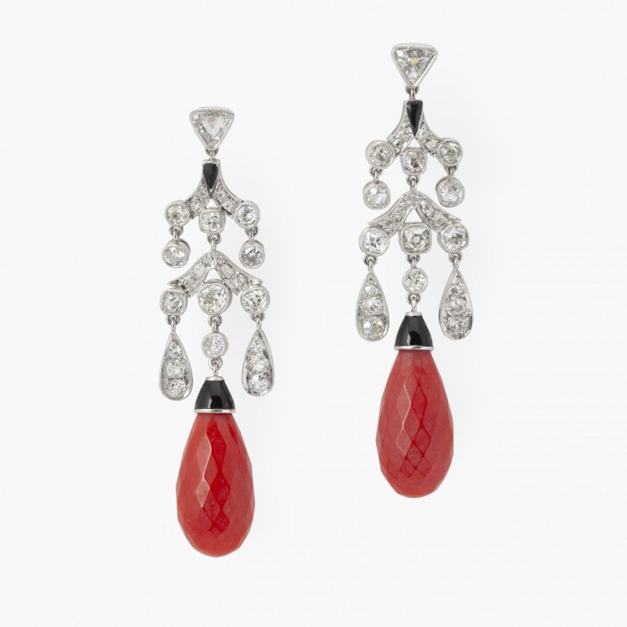 Coral, diamond and black enamel chandelier earrings ca 1950