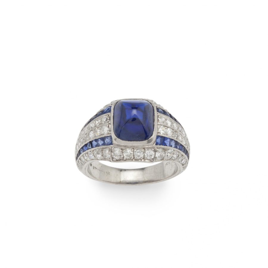 Art Deco sugarloaf blue sapphire and diamond ring ca 1925