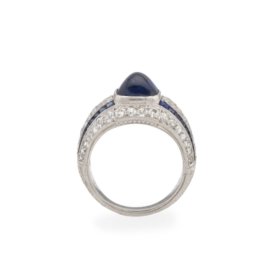 Art Deco sugarloaf blue sapphire and diamond ring ca 1925