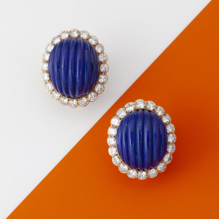 Cartier lapis lazuli and diamond clip earrings, Paris ca 1970