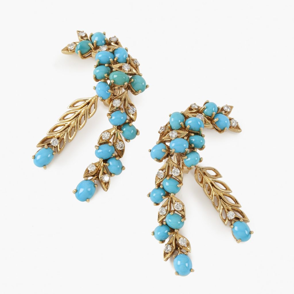 Cartier yellow gold fringe earrings diamond turquoise Paris 1970s