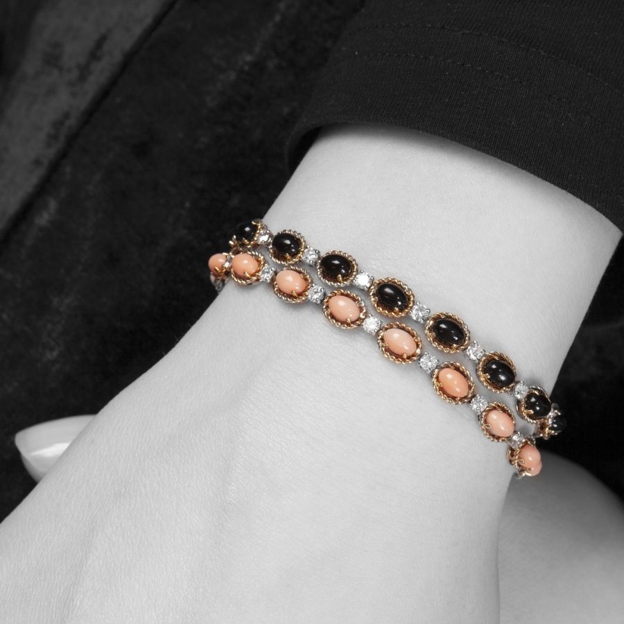 Set of two bracelets set with onyx, coral and diamonds by Van Cleef & Arpels, Paris, ca 1970