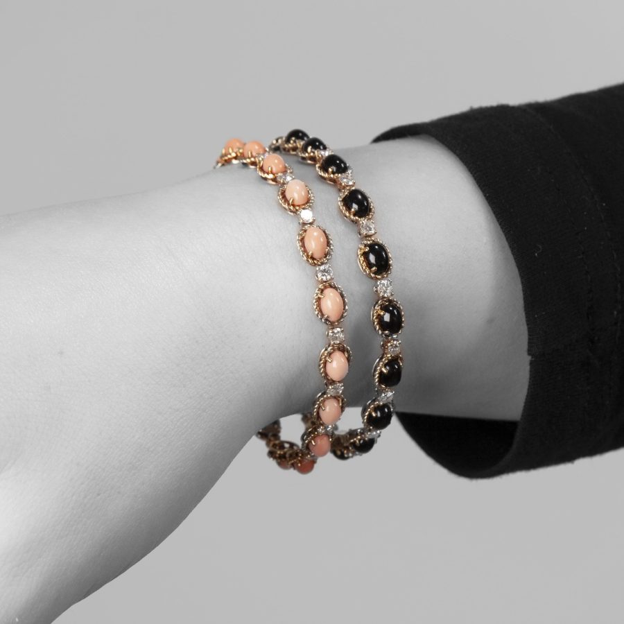 Set of two bracelets set with onyx, coral and diamonds by Van Cleef & Arpels, Paris, ca 1970