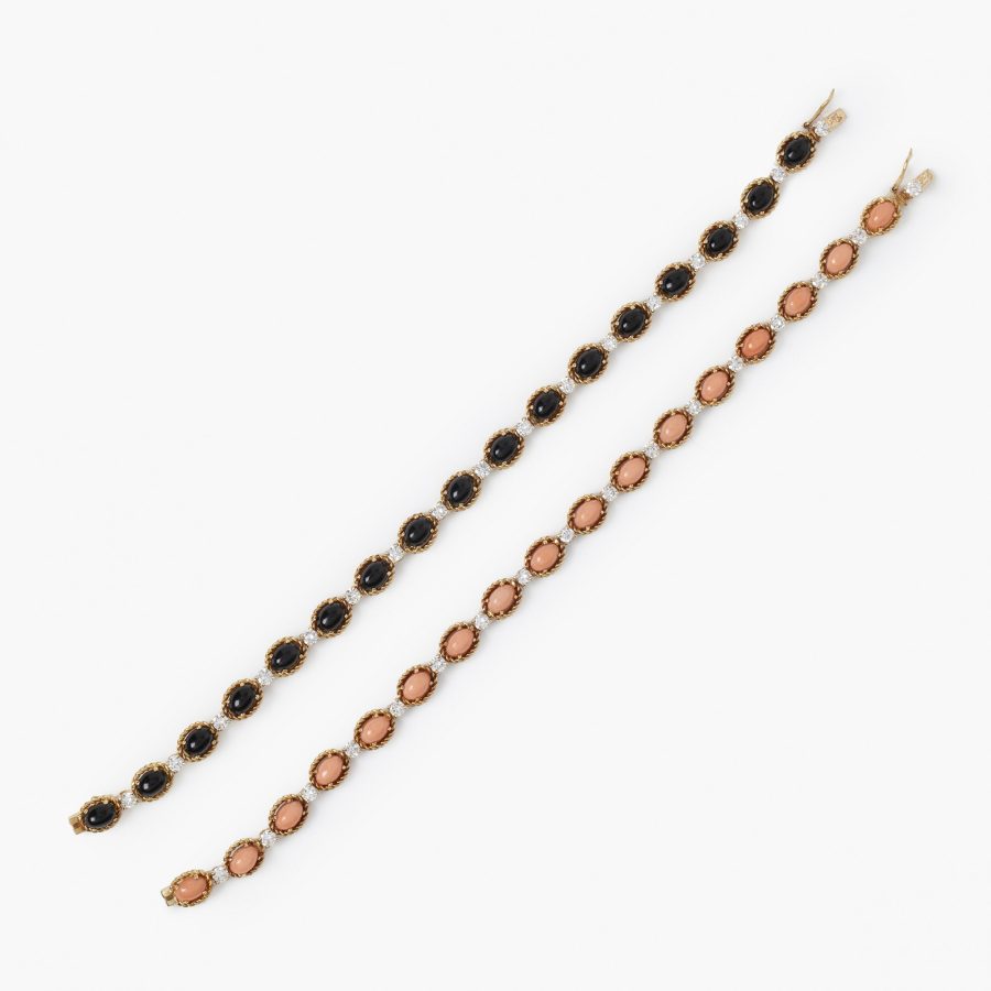 Set of two bracelets set with onyx, coral and diamonds by Van Cleef & Arpels, Paris, ca 1970
