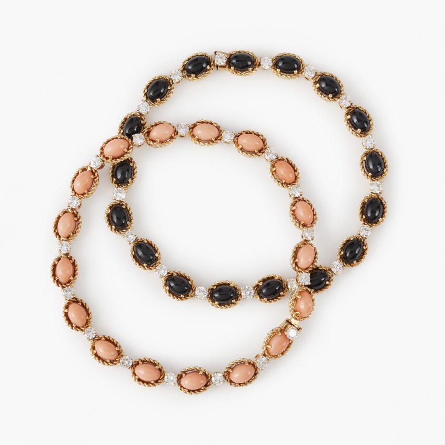 Set of two bracelets set with onyx, coral and diamonds by Van Cleef & Arpels, Paris, ca 1970