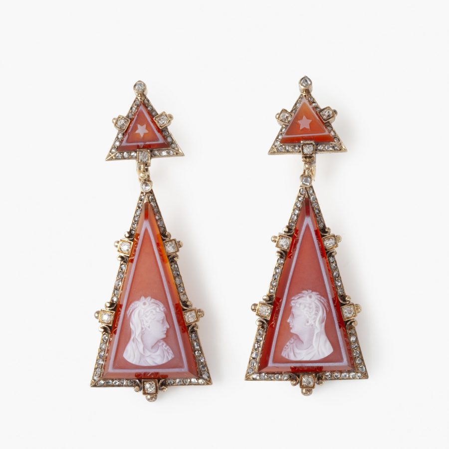 antique cornelian cameo goddess Demeter diamond set earrings ca 1870