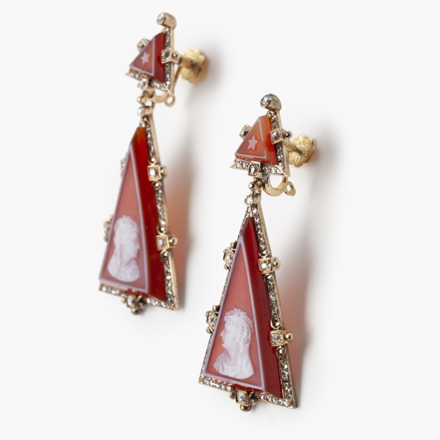 antique cornelian cameo goddess Demeter diamond set earrings ca 1870