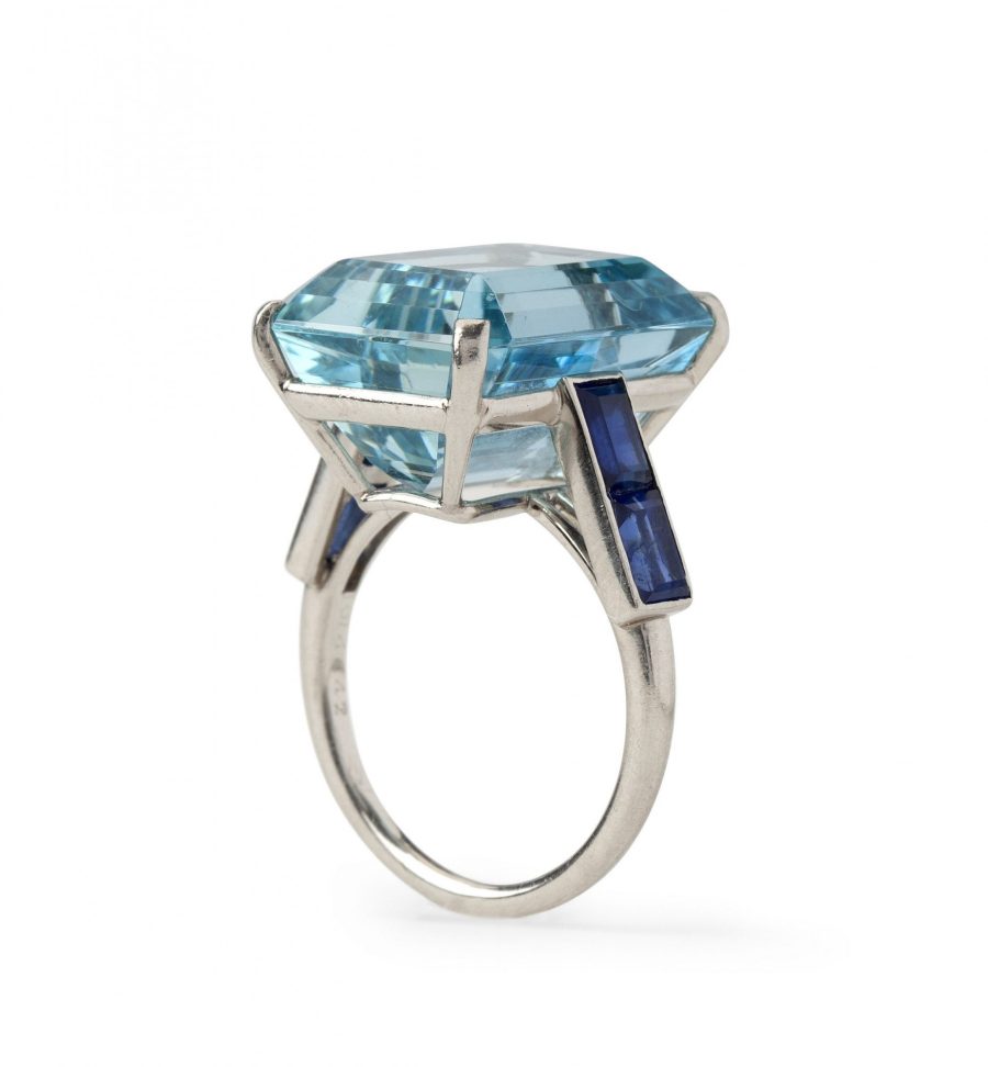 cartier platinum ring aquamarine blue sapphire 1950s