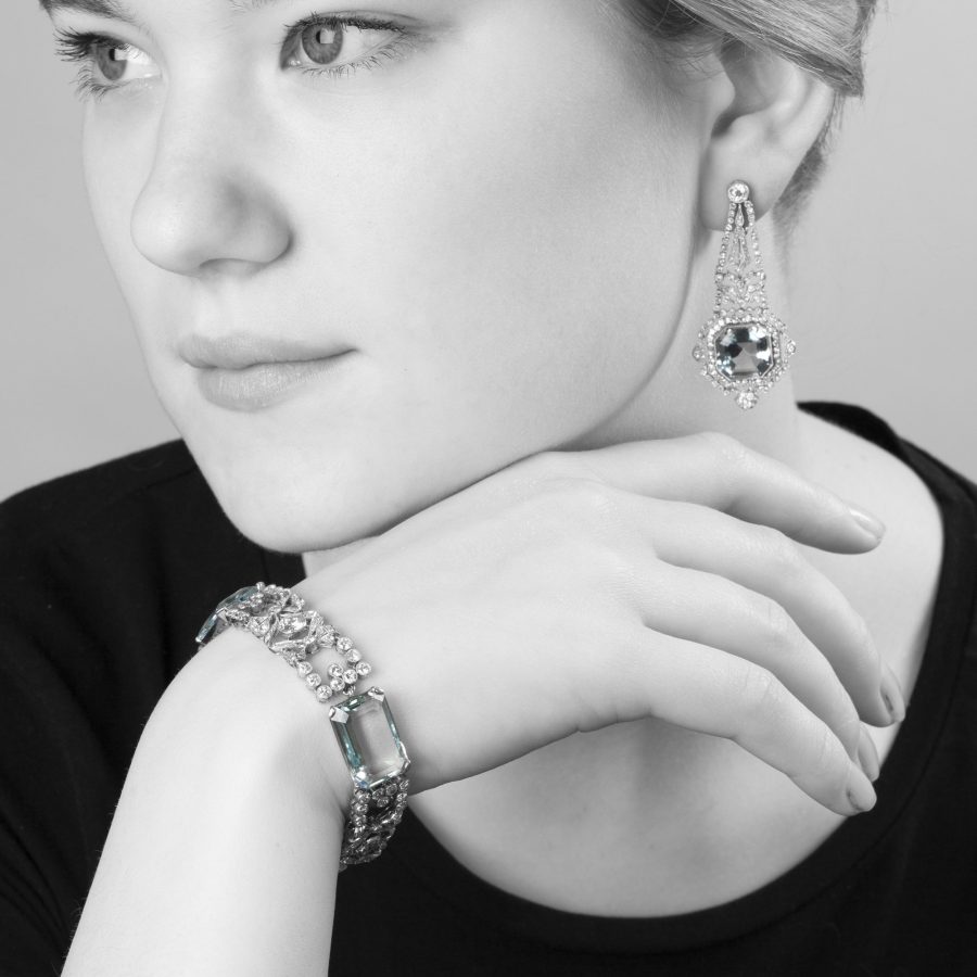 platinum belle epoque earrings and bracelet aquamarine diamonds ca 1910