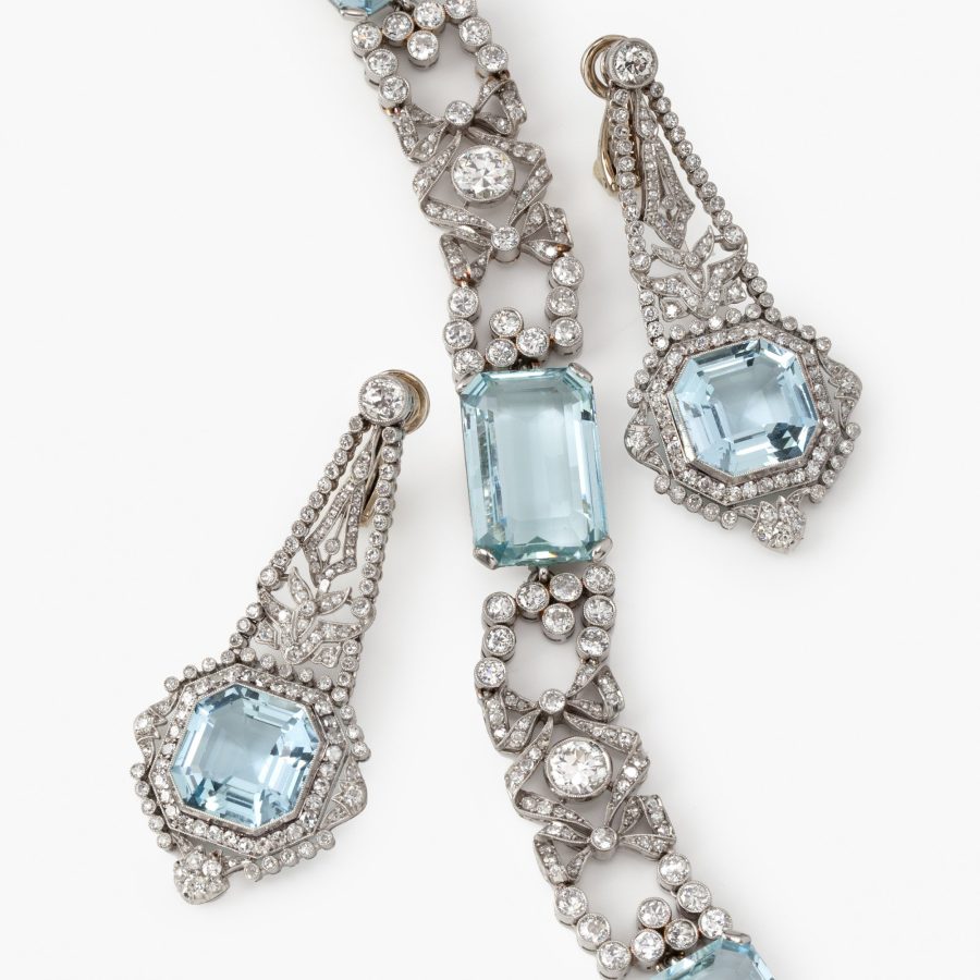 platinum belle epoque earrings and bracelet aquamarine diamonds ca 1910