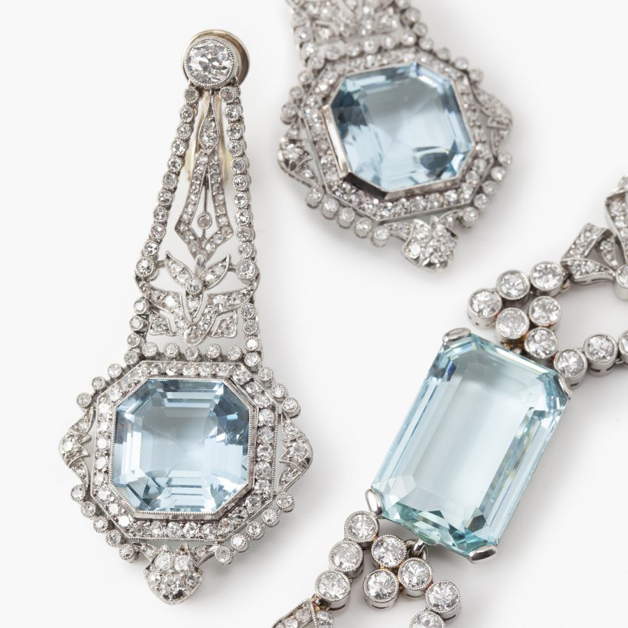 platinum belle epoque earrings and bracelet aquamarine diamonds ca 1910