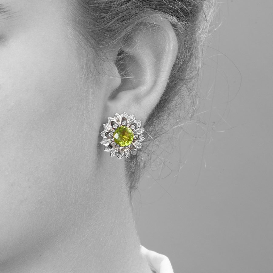 peridot and diamond flower earrings 1950s