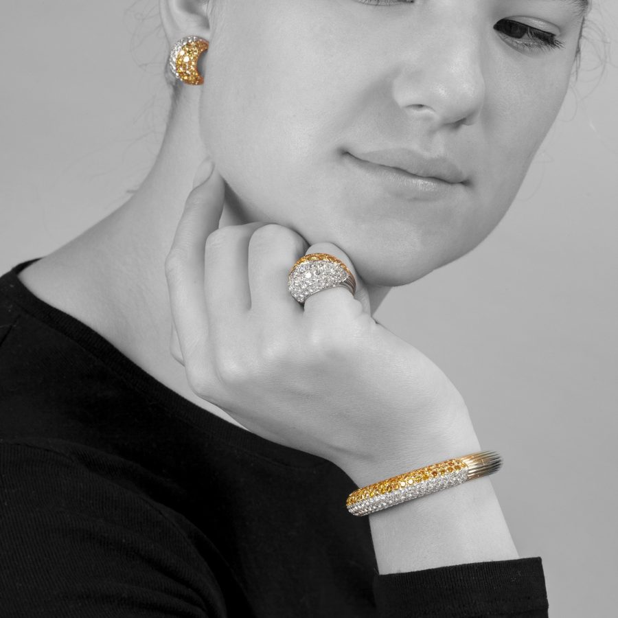 Cartier platinum and yellow gold earrings ring and bangle pavé set with yellow and white diamonds, Paris, in original cases