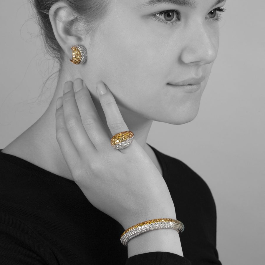 Cartier platinum and yellow gold earrings ring and bangle pavé set with yellow and white diamonds, Paris, in original cases