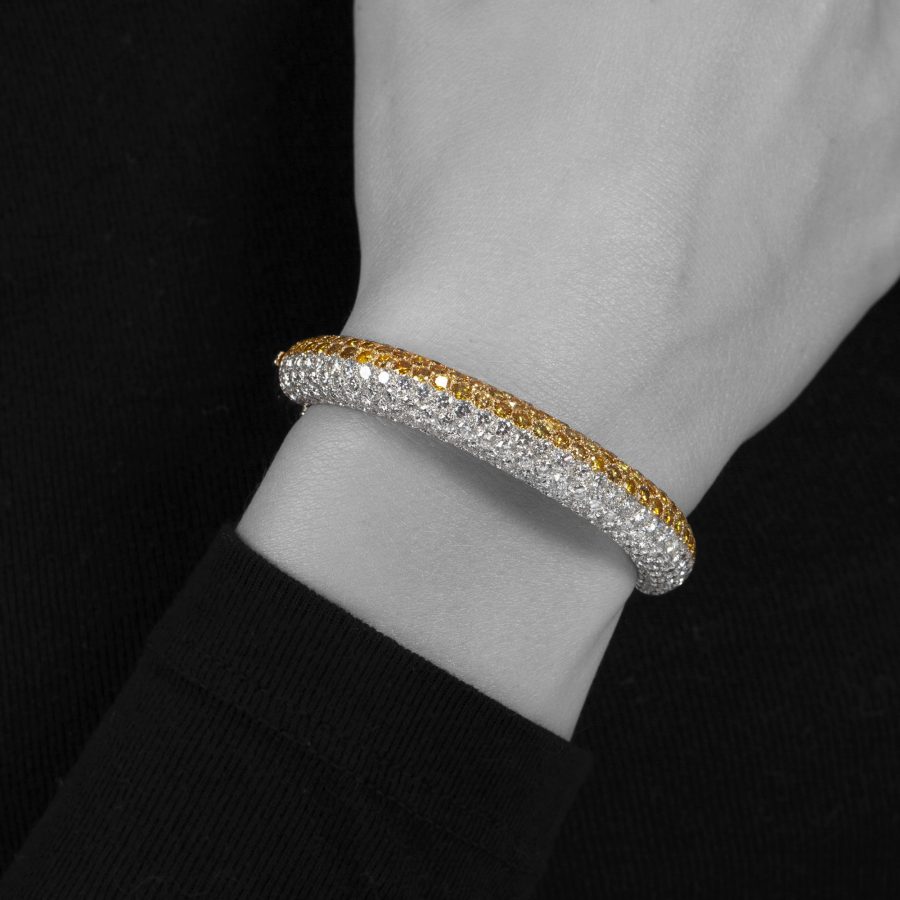 Cartier platinum and yellow gold earrings ring and bangle pavé set with yellow and white diamonds, Paris, in original cases