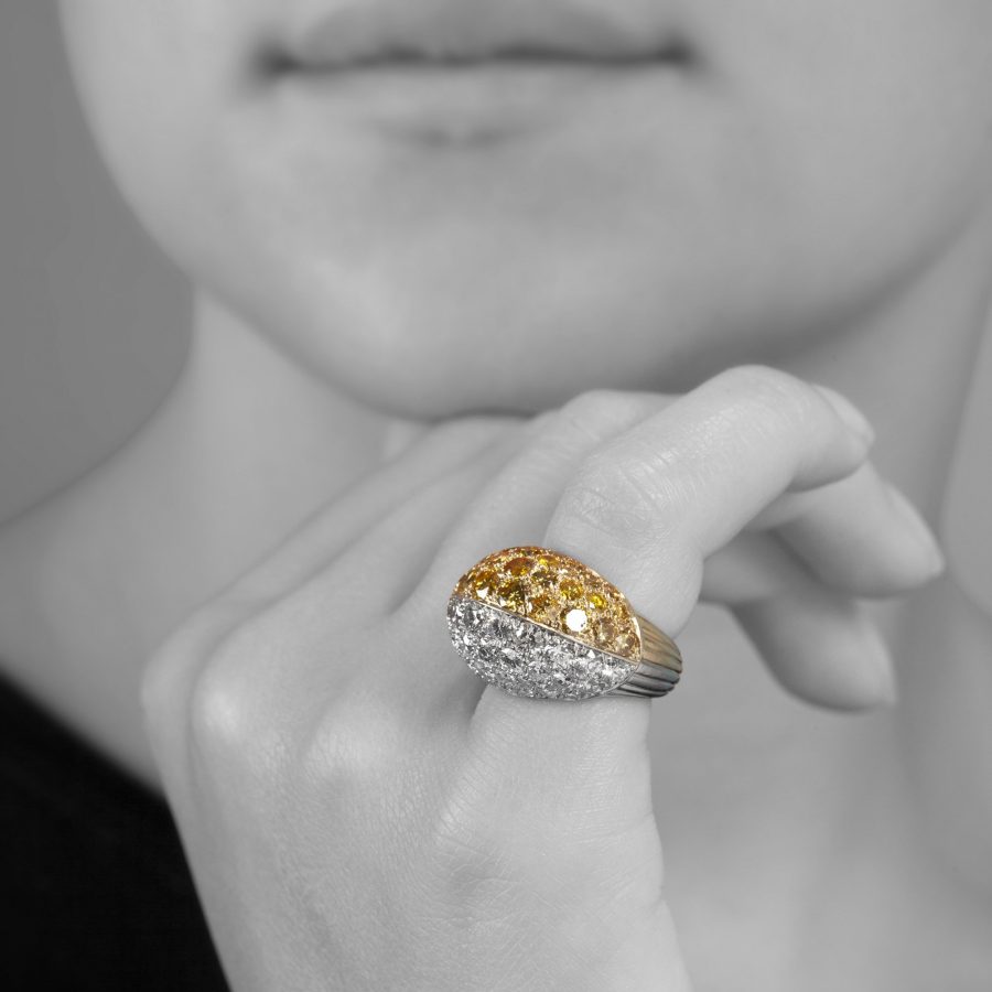 Cartier platinum and yellow gold earrings ring and bangle pavé set with yellow and white diamonds, Paris, in original cases