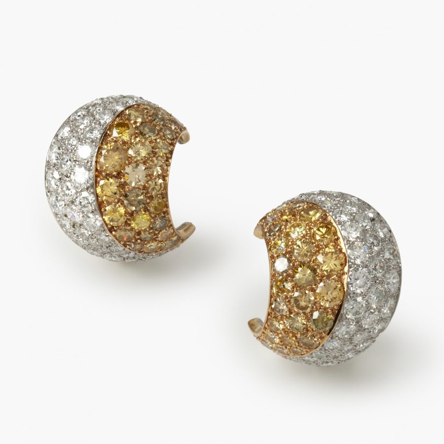 Cartier platinum and yellow gold earrings ring and bangle pavé set with yellow and white diamonds, Paris, in original cases