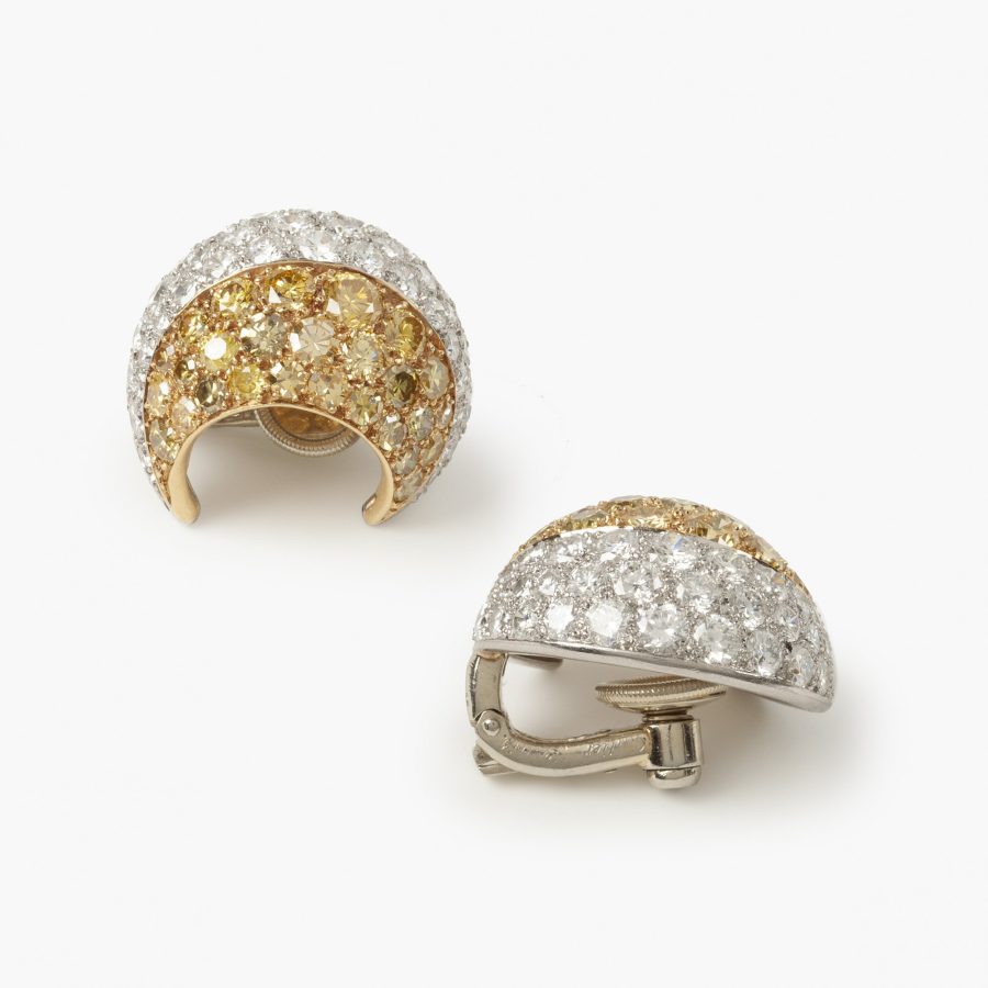 Cartier platinum and yellow gold earrings ring and bangle pavé set with yellow and white diamonds, Paris, in original cases