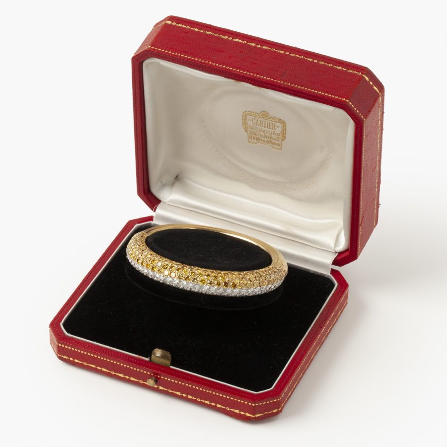 Cartier platinum and yellow gold earrings ring and bangle pavé set with yellow and white diamonds, Paris, in original cases