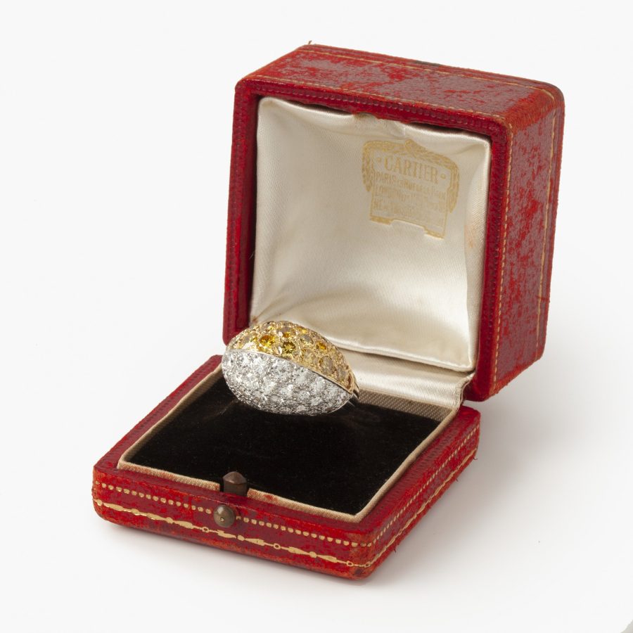 Cartier platinum and yellow gold earrings ring and bangle pavé set with yellow and white diamonds, Paris, in original cases