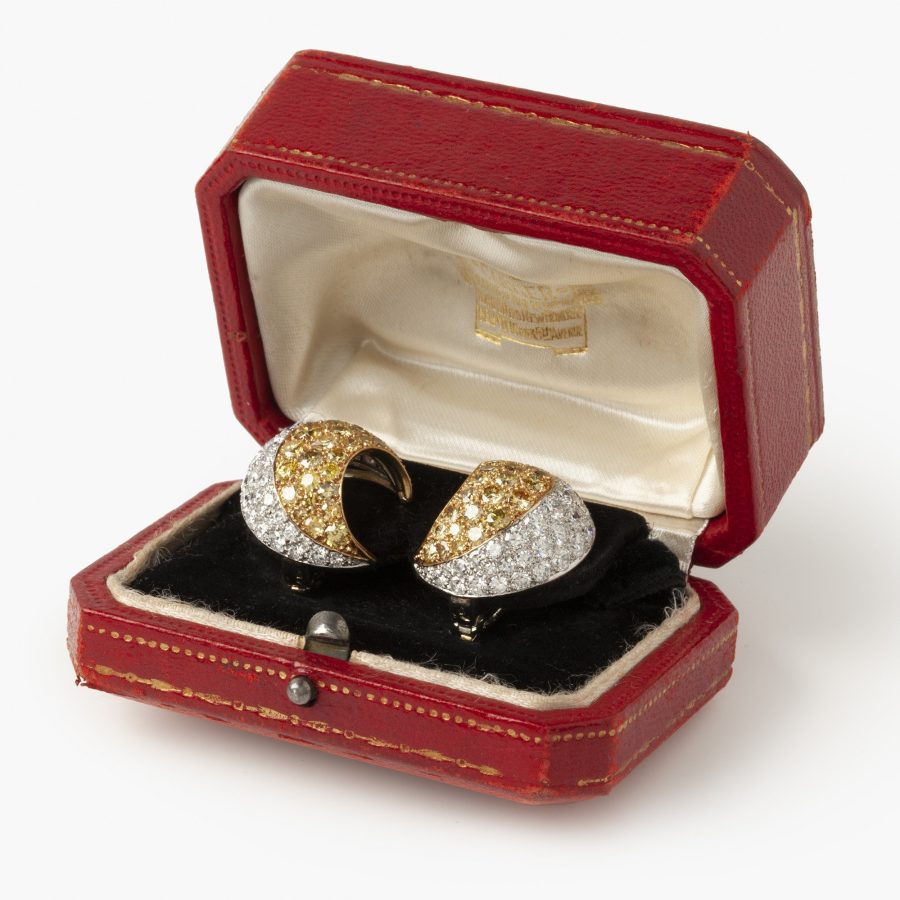 Cartier platinum and yellow gold earrings ring and bangle pavé set with yellow and white diamonds, Paris, in original cases