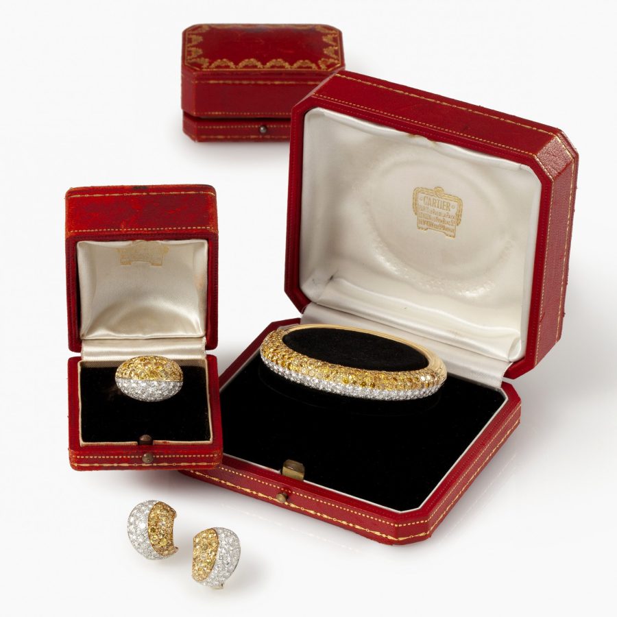 Cartier platinum and yellow gold earrings ring and bangle pavé set with yellow and white diamonds, Paris, in original cases