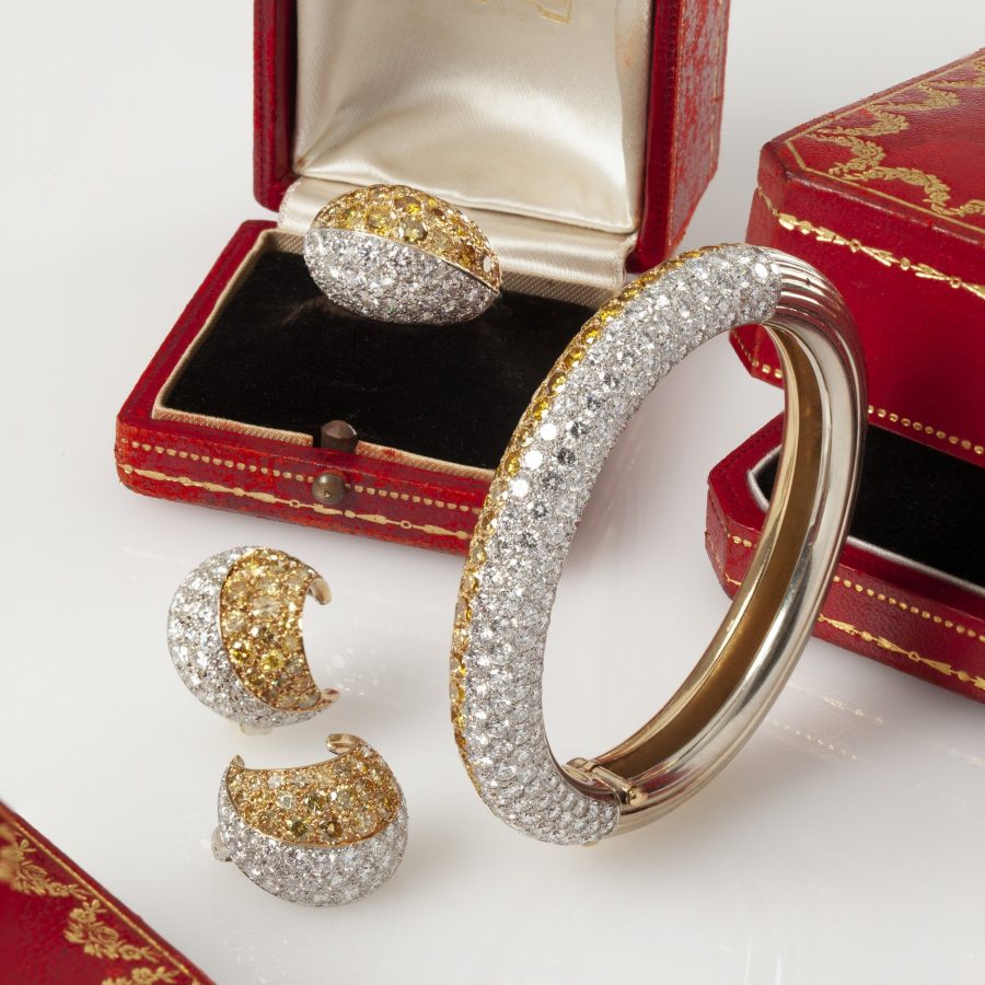 Cartier platinum and yellow gold earrings ring and bangle pavé set with yellow and white diamonds, Paris, in original cases