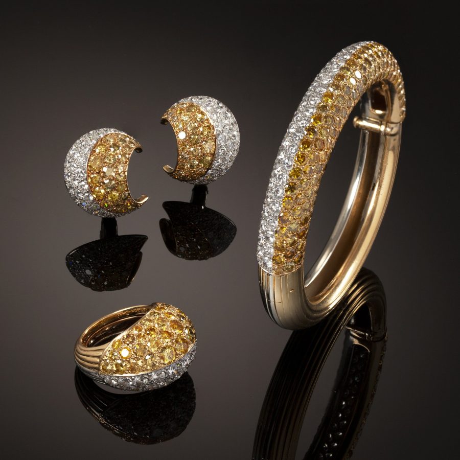 Cartier platinum and yellow gold earrings ring and bangle pavé set with yellow and white diamonds, Paris, in original cases