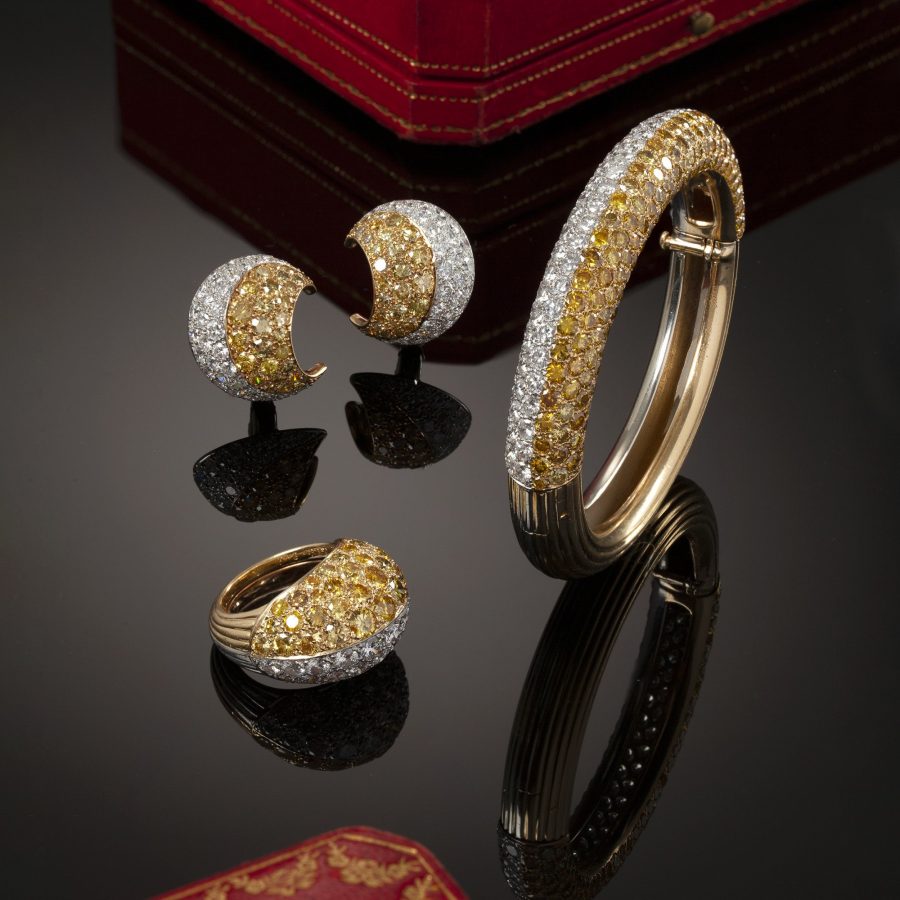 Cartier platinum and yellow gold earrings ring and bangle pavé set with yellow and white diamonds, Paris, in original cases