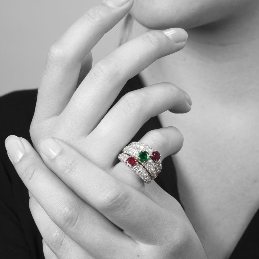 Cartier triple bombé ring diamonds emerald ruby ca 1960