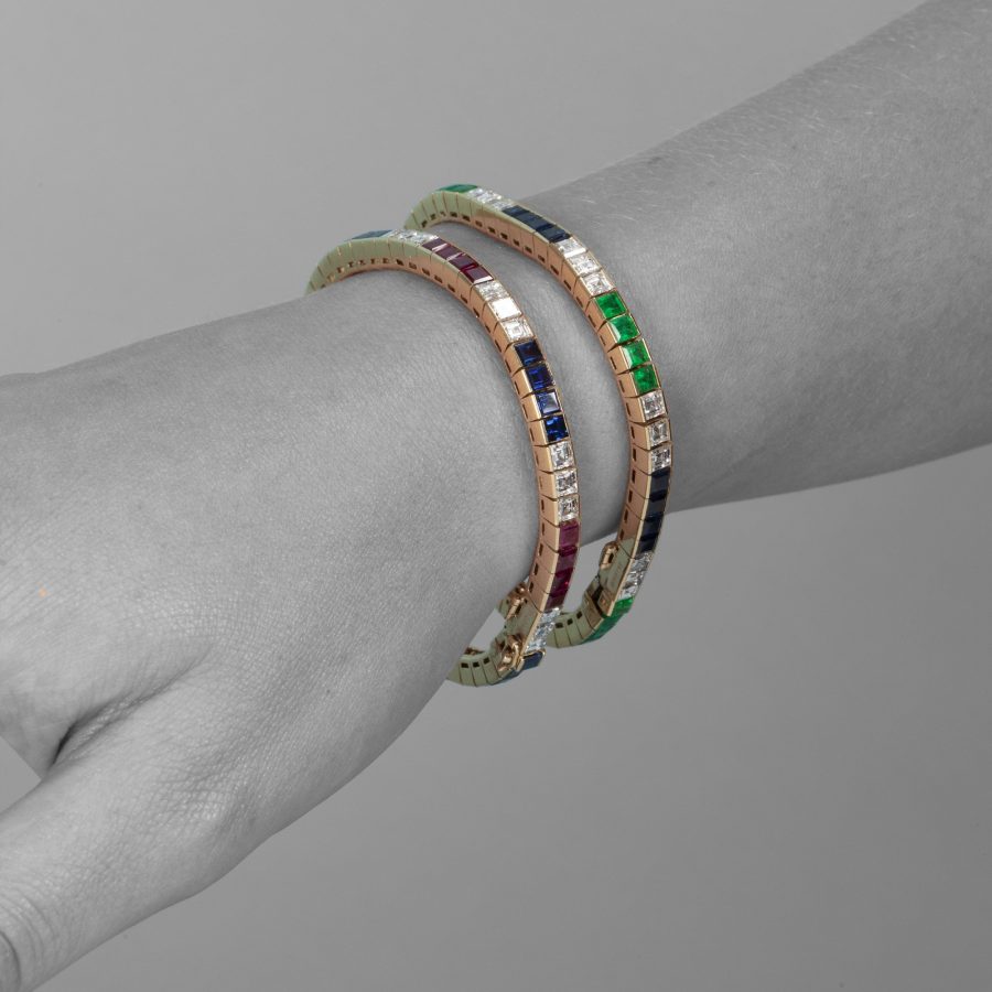 Bvlgari set of two line bracelets diamond ruby emerald blue sapphire