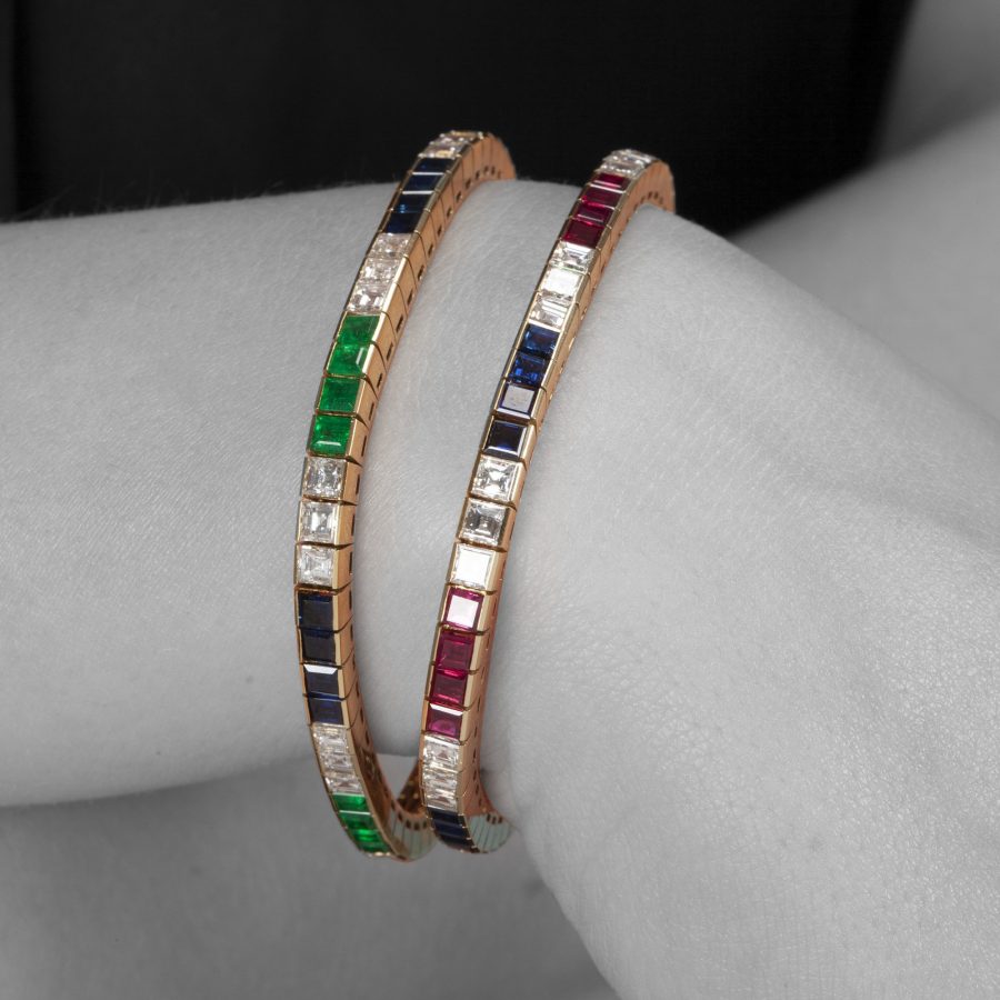 Bvlgari set of two line bracelets diamond ruby emerald blue sapphire