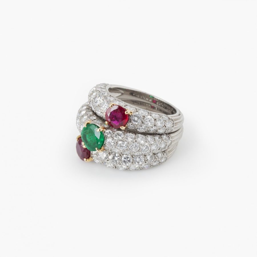 Cartier triple bombé ring diamonds emerald ruby ca 1960