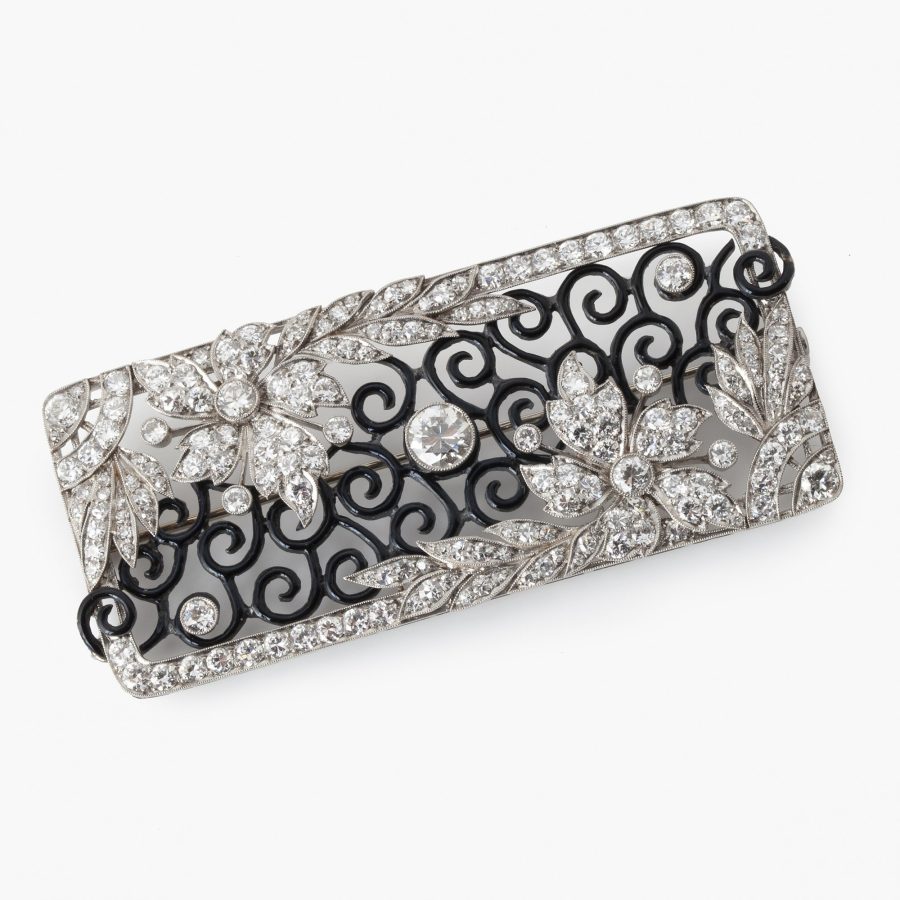 Art Deco diamond and black enamel brooch ca 1920