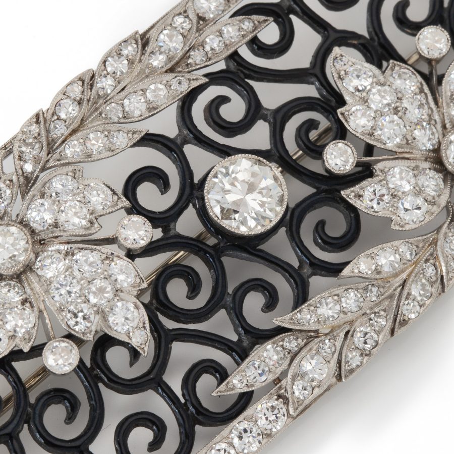 Art Deco diamond and black enamel brooch ca 1920