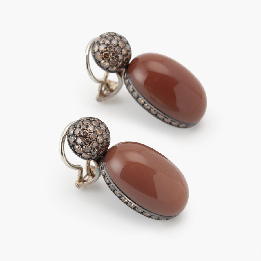 Hemmerle Munich moonstone and brown diamond clip earrings