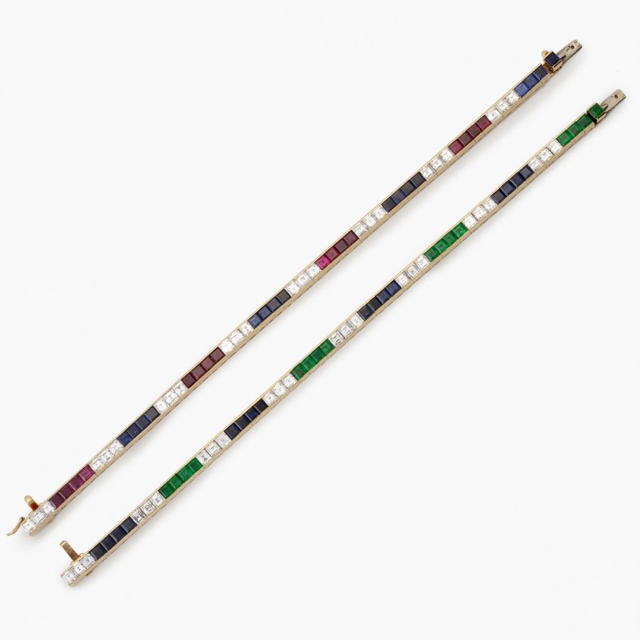 Bvlgari set of two line bracelets diamond ruby emerald blue sapphire