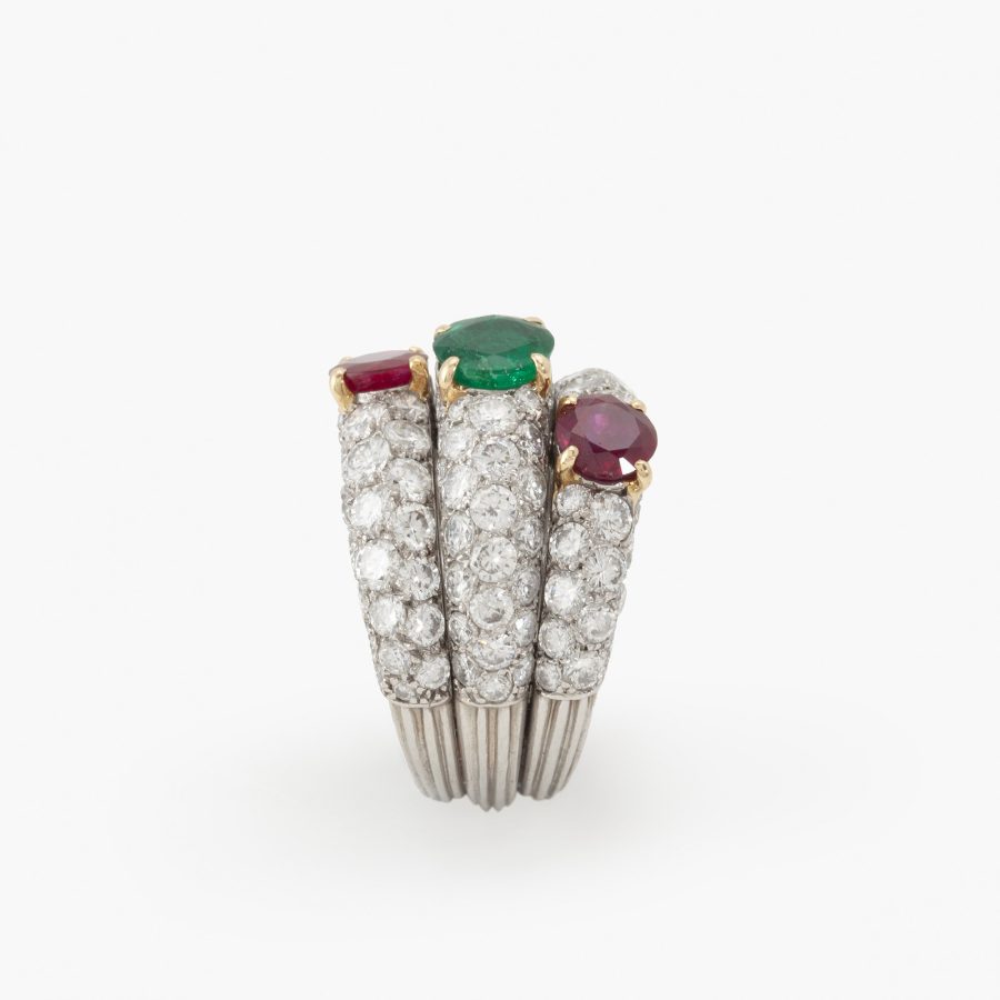 Cartier triple bombé ring diamonds emerald ruby ca 1960